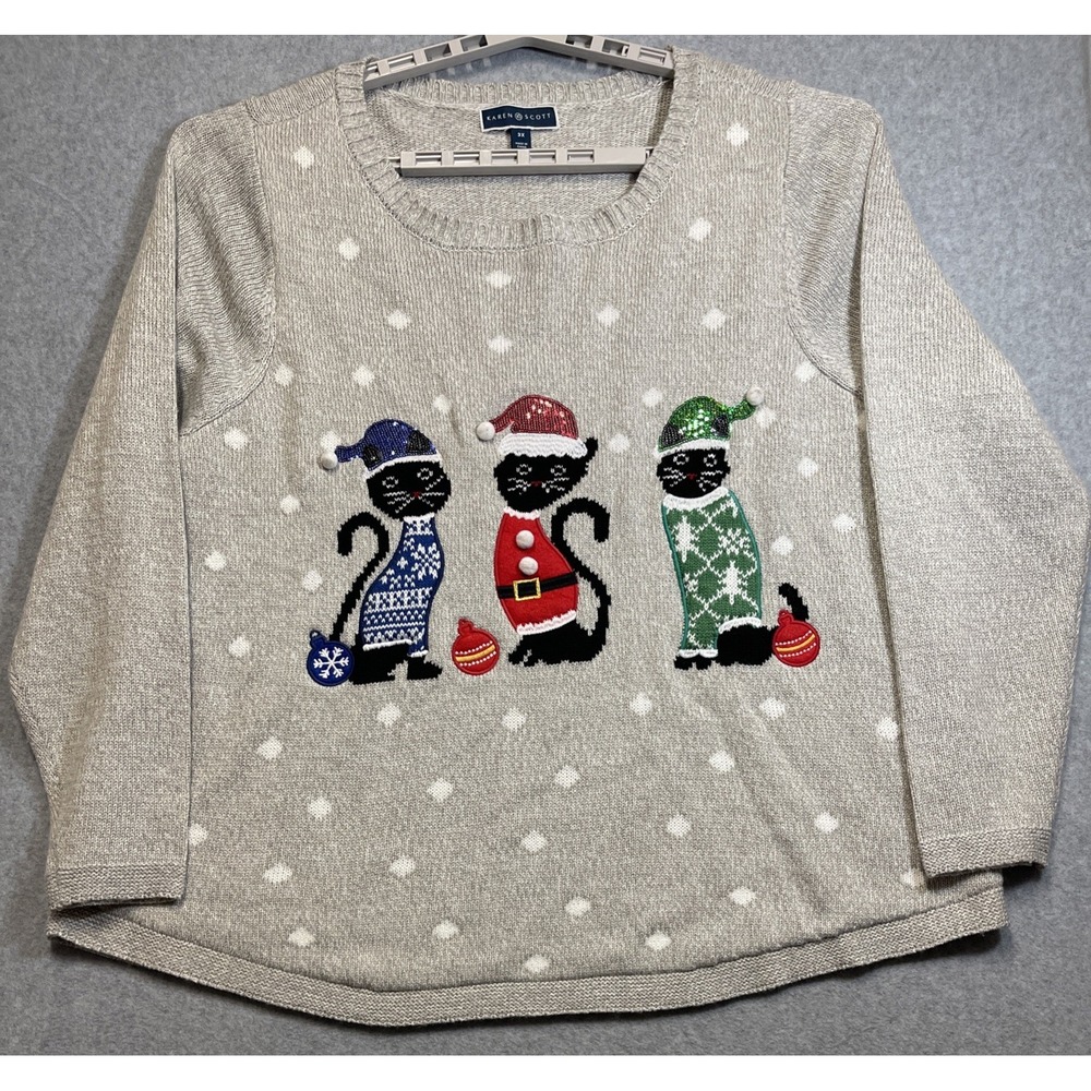 Karen Scott Womens Sz 3X Cat Christmas Sweater Gray Embellished Embroidered